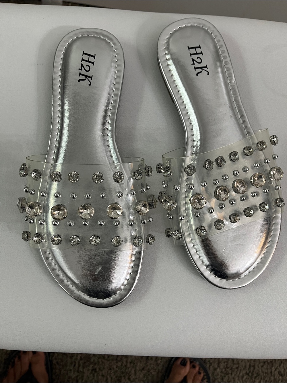 H2k Silver Jeweled Slide Sandals